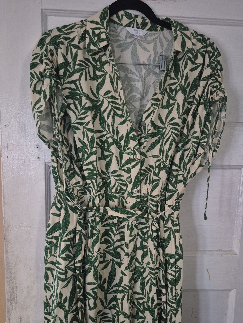NWOT--AND Green Leaf-Print Midi Shirt Dress in Cream